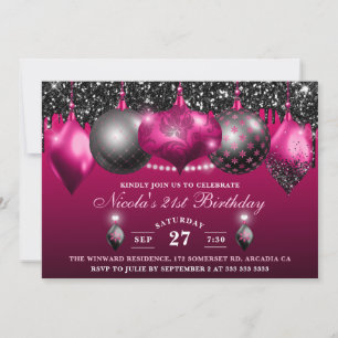 Invitation Boules de Noël élégantes rose chaud et noir à pail