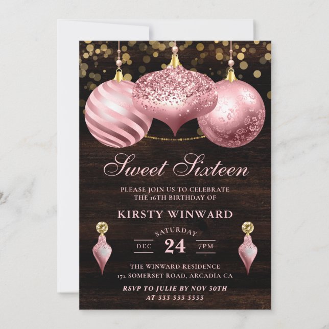 Invitation Boules de Noël élégantes rose clair Sweet 16 (Devant)
