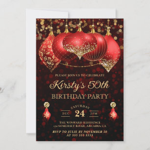 Invitation Boules de Noël élégantes rouges et dorées 50e Anni