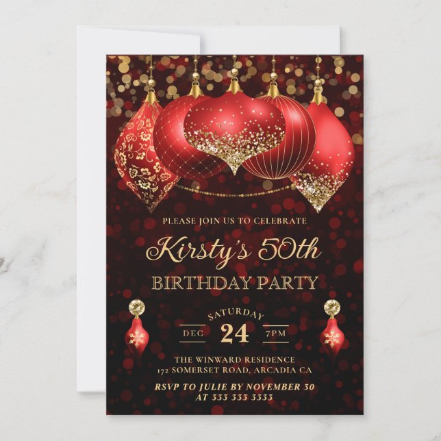 Invitation Boules de Noël élégantes rouges et dorées 50e Anni (Devant)
