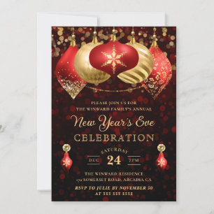 Invitation Boules de Noël élégantes rouges et dorées Nouvel A