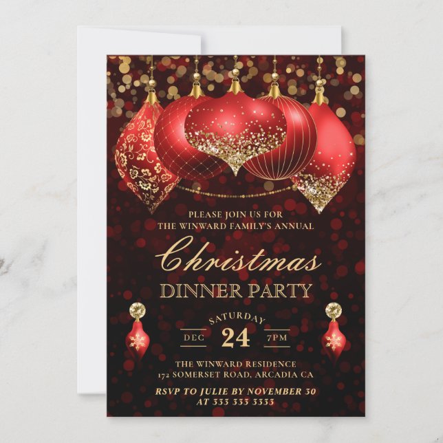 Invitation Boules de Noël élégantes rouges et dorées pour dîn (Devant)