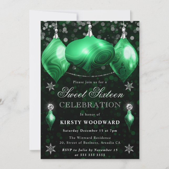 Invitation Boules de Noël en Agate Verte pour Sweet 16 (Devant)