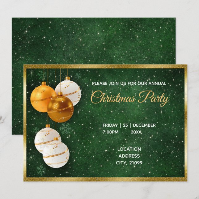 Invitation Boules de Noël en Or et Blanc (Devant / Derrière)