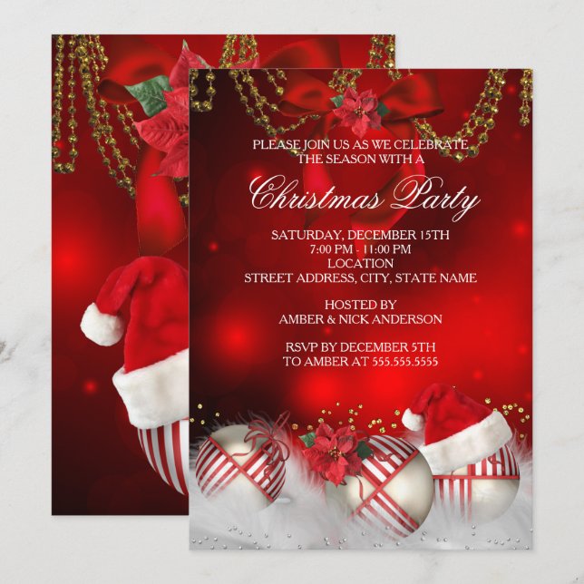 Invitation Boules de Noël en or rouge Chapeau de Père Noël Fê (Devant / Derrière)