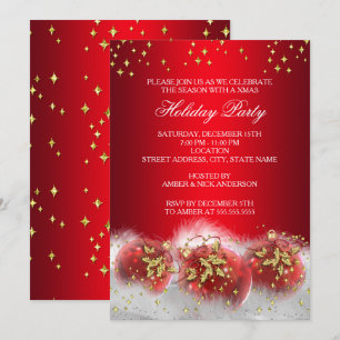 Invitation Boules de Noël en Or Rouge Fête de Noël