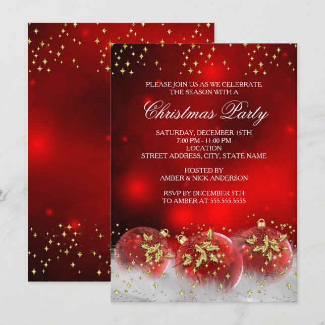 Invitation Boules de Noël en or rouge Fête de Noël (Devant / Derrière)