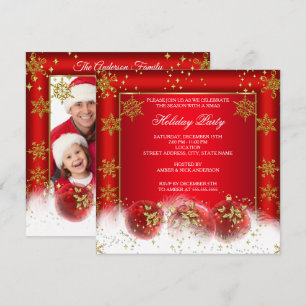 Invitation Boules de Noël en Or Rouge Photo Fête de Fêtes