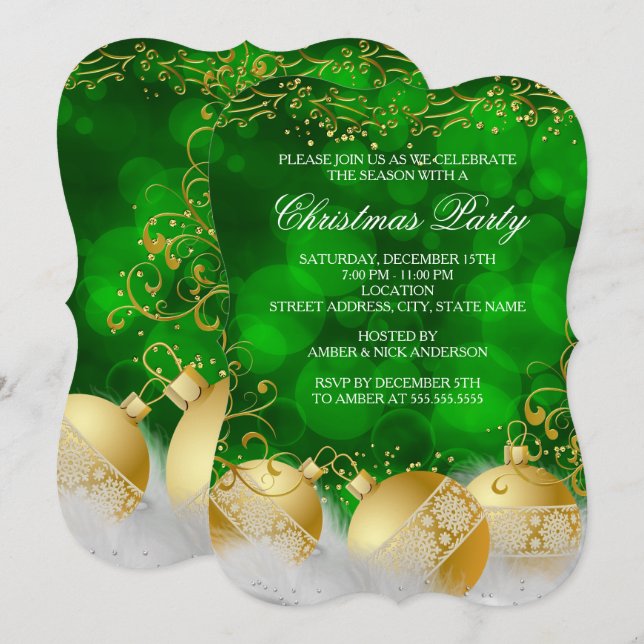 Invitation Boules de Noël en Or Vert Fête de Noël Blanc (Devant / Derrière)