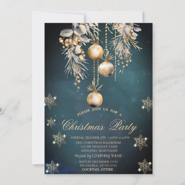 Invitation Boules de Noël et flocons de neige à l'aquarelle E (Devant)