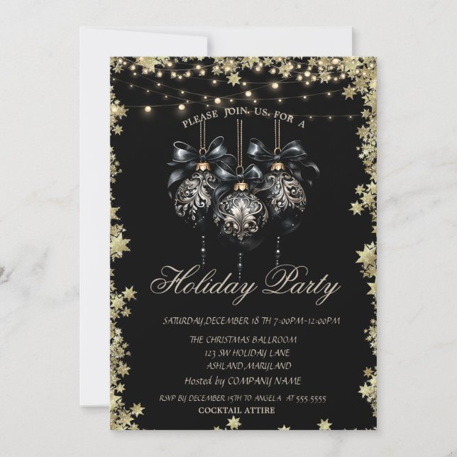 Invitation Boules de Noël Étoiles Dorées Fête Noire (Devant)