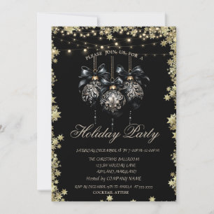 Invitation Boules de Noël Étoiles Dorées Fête Noire
