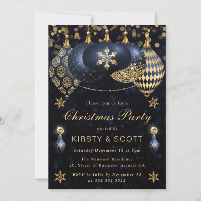Invitation Boules de Noël Fête Bleu et Or Pailletées (Devant)