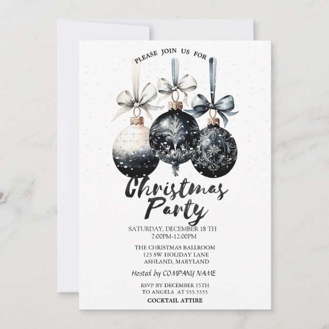 Invitation Boules de Noël, Fête de Noël enneigée (Devant)