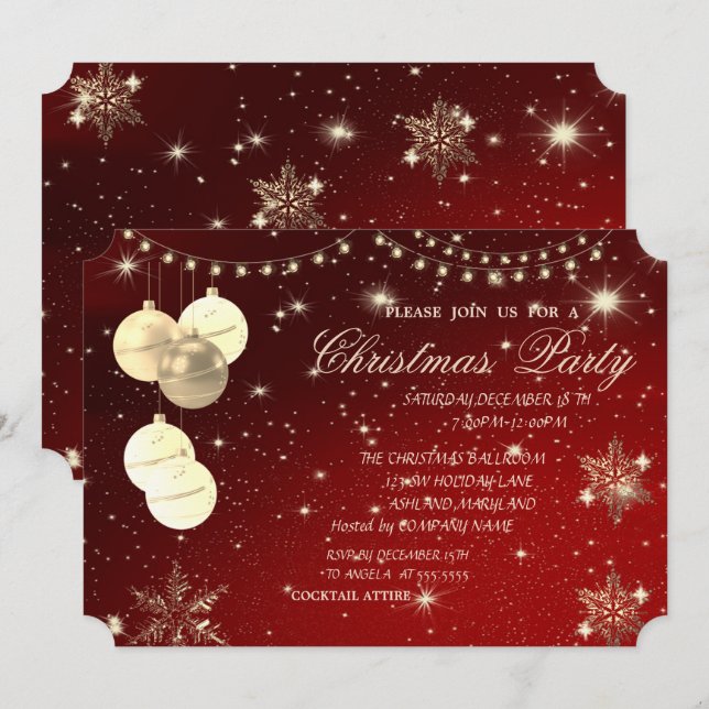 Invitation Boules de Noël,Flocons de neige,Fête de Noël d'ent (Devant / Derrière)