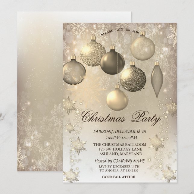Invitation Boules de Noël Flocons d'Or Fête  (Devant / Derrière)