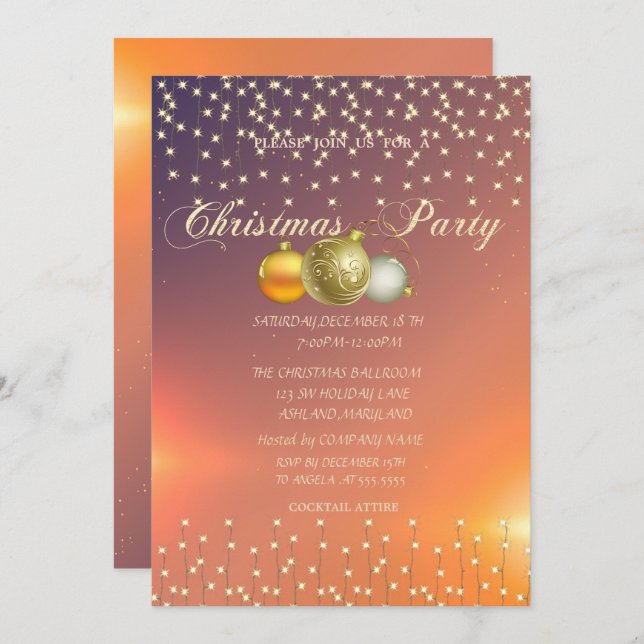 Invitation Boules de Noël, Lumières Entreprise Fête de Noël (Devant / Derrière)