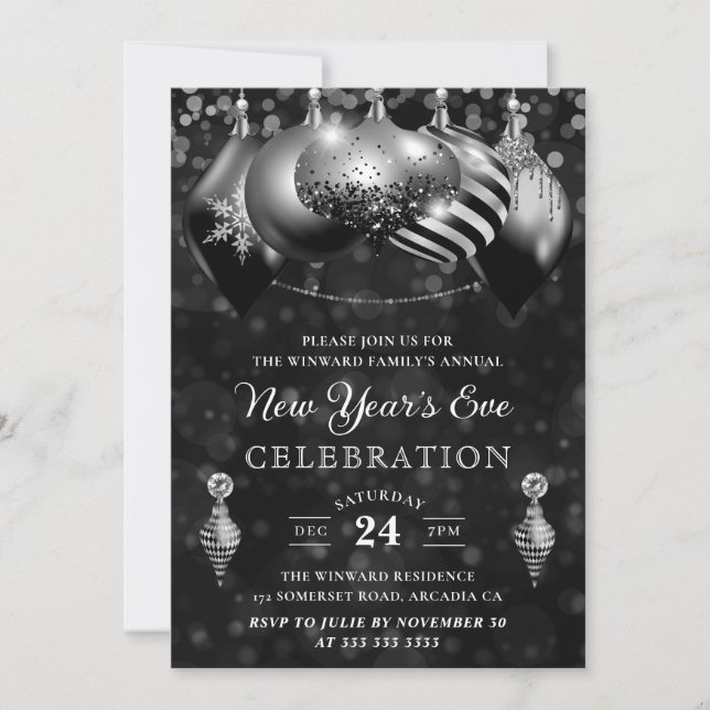 Invitation Boules de Noël noires et argentées pour la Saint-S (Devant)