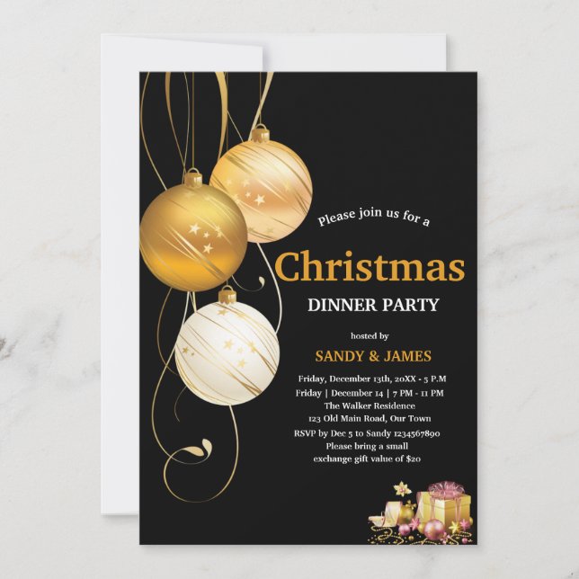 Invitation boules de noël noires et dorées pour la soirée de  (Devant)