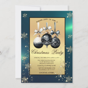 Invitation Boules de Noël noires Flocons de neige Or Fête