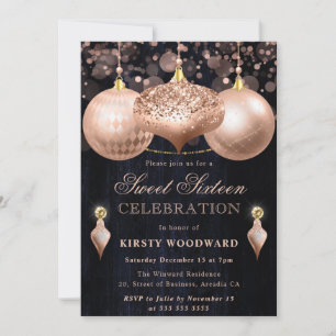 Invitation Boules de Noël Pailletées Or Rose Sweet 16