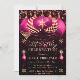 Invitation Boules de Noël Pailletées Rose et Or pour 21e Anni