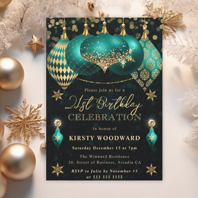 Invitation Boules de Noël Pailletées Sarcelle et Or Anniversa (Créateur téléchargé)
