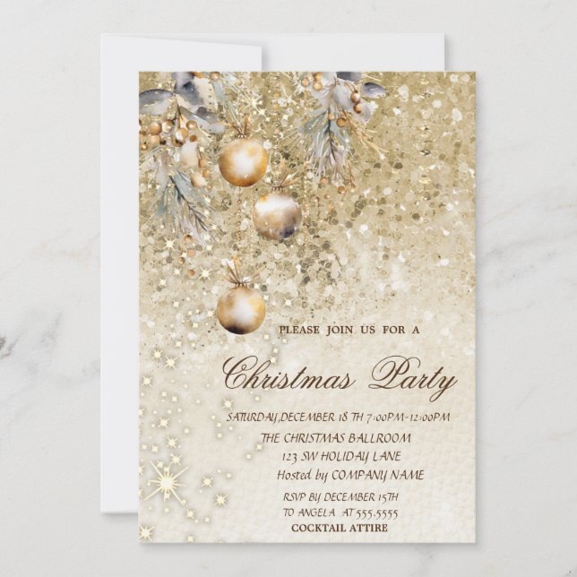 Invitation Boules de Noël Paillettes Dorées Fête de Noël (Devant)
