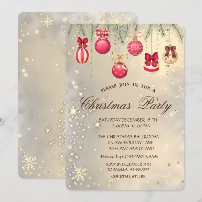 Invitation Boules de Noël, Pine Tree Branches Gold Noël (Devant / Derrière)