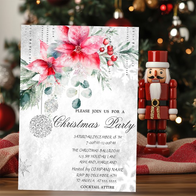 Invitation Boules de Noël, Poinsettia fête de Noël Gris (Créateur téléchargé)