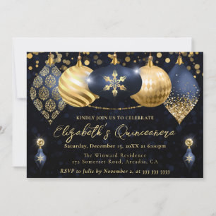 Invitation Boules de Noël Quinceanera Bleu Nuit et Or
