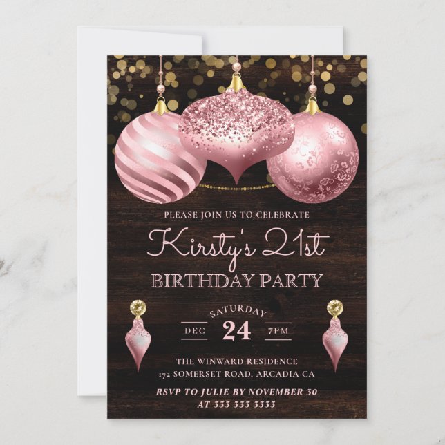 Invitation Boules de Noël Rose Clair Élégant 21e Anniversaire (Devant)