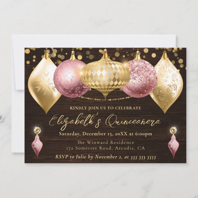 Invitation Boules de Noël Rose et Or Quinceanera (Devant)