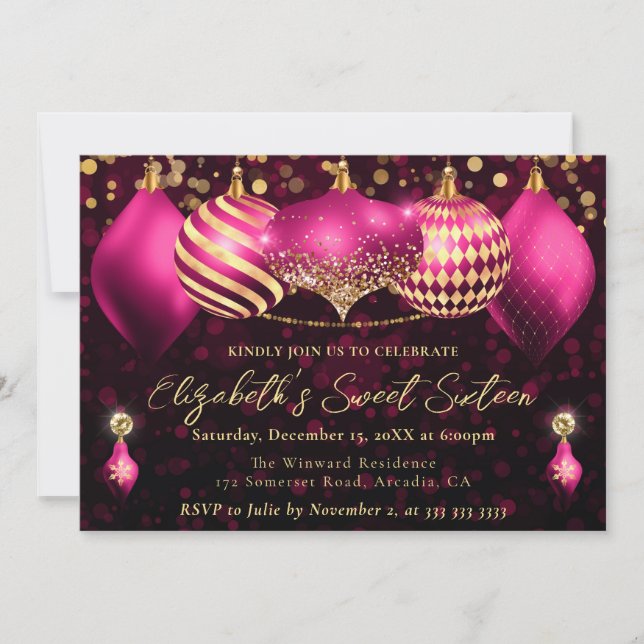 Invitation Boules de Noël roses et dorées Sweet 16 (Devant)