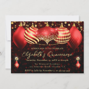 Invitation Boules de Noël Rouge et Or Quinceanera