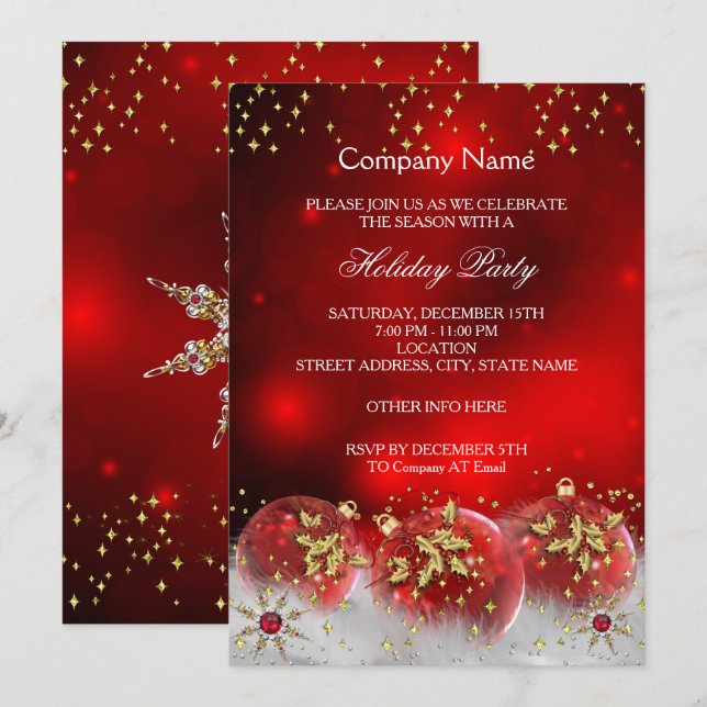 Invitation Boules de Noël Rouge Or d'Entreprise Fête de Noël (Devant / Derrière)