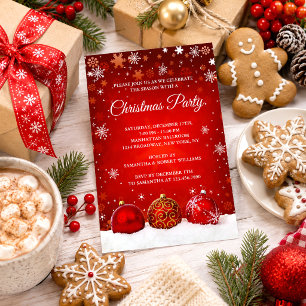 Invitation Boules de Noël Rouges Élégantes et enneigées pour 