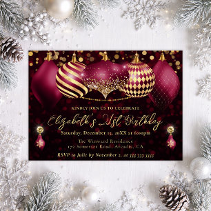 Invitation Boules de Noël rouges et dorées 21e Anniversaire