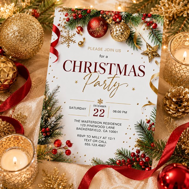 Invitation Boules de Noël rouges et or modernes sur branches  (Créateur téléchargé)