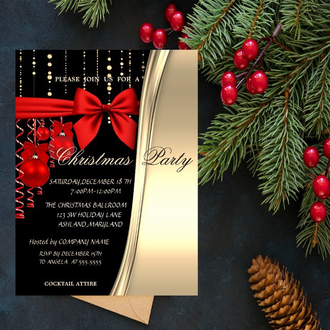 Invitation Boules de Noël, Rouges, Ruban, Fête Entreprise Or (Créateur téléchargé)