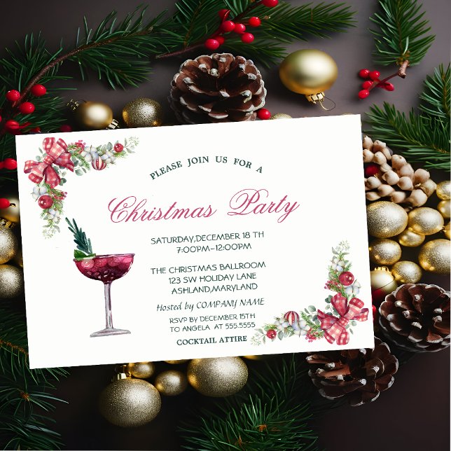 Invitation Boules de Noël, Ruban, Cocktail Rouge de Noël (Créateur téléchargé)