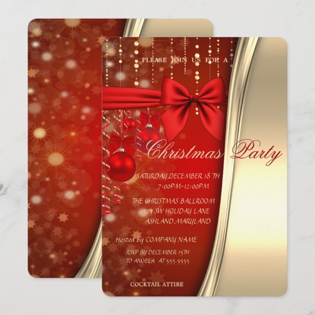 Invitation Boules de Noël, Ruban, Rouge, Or Entreprise Fête (Devant / Derrière)