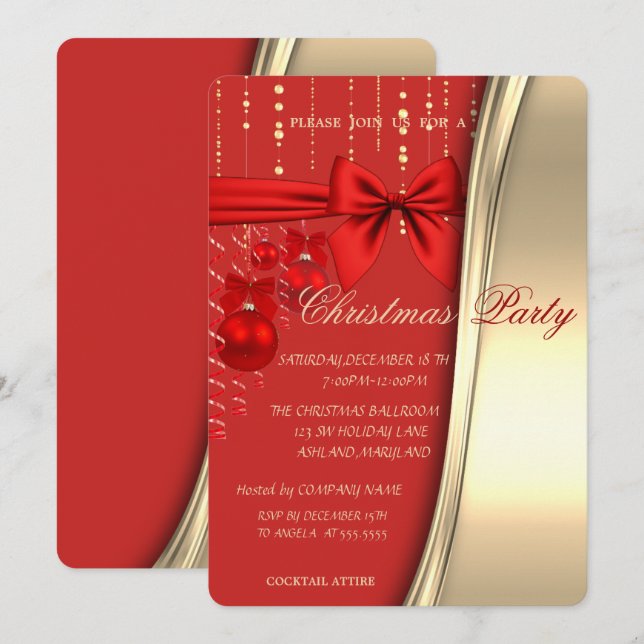 Invitation Boules de Noël, Ruban, Rouge, Or Entreprise Fête (Devant / Derrière)