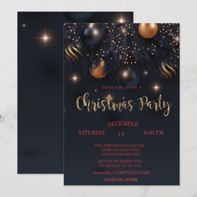 Invitation Boules de Noël Soirée d'entreprise en noir (Devant / Derrière)