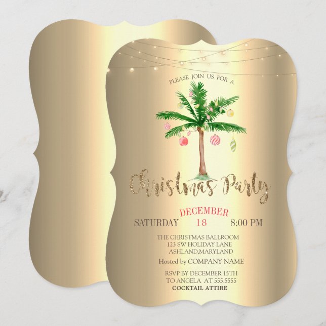 Invitation Boules de Noël sur palmier,Guirlande lumineuse dor (Devant / Derrière)