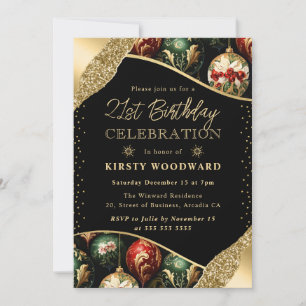Invitation Boules de Noël Vert Rouge & Or 21e Anniversaire