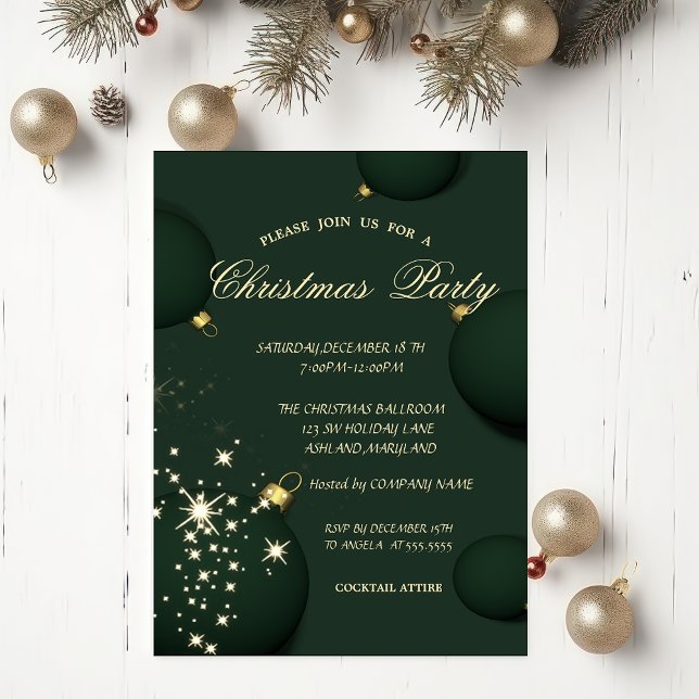 Invitation Boules de Noël Vertes Chic Flocons de Neige Noël (Créateur téléchargé)