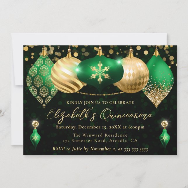 Invitation Boules de Noël vertes et dorées Quinceanera (Devant)