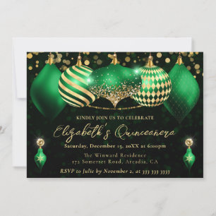 Invitation Boules de Noël vertes et dorées Quinceanera