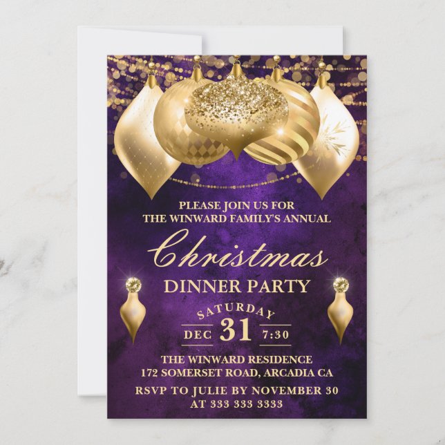 Invitation Boules de Noël Violet et Or (Devant)